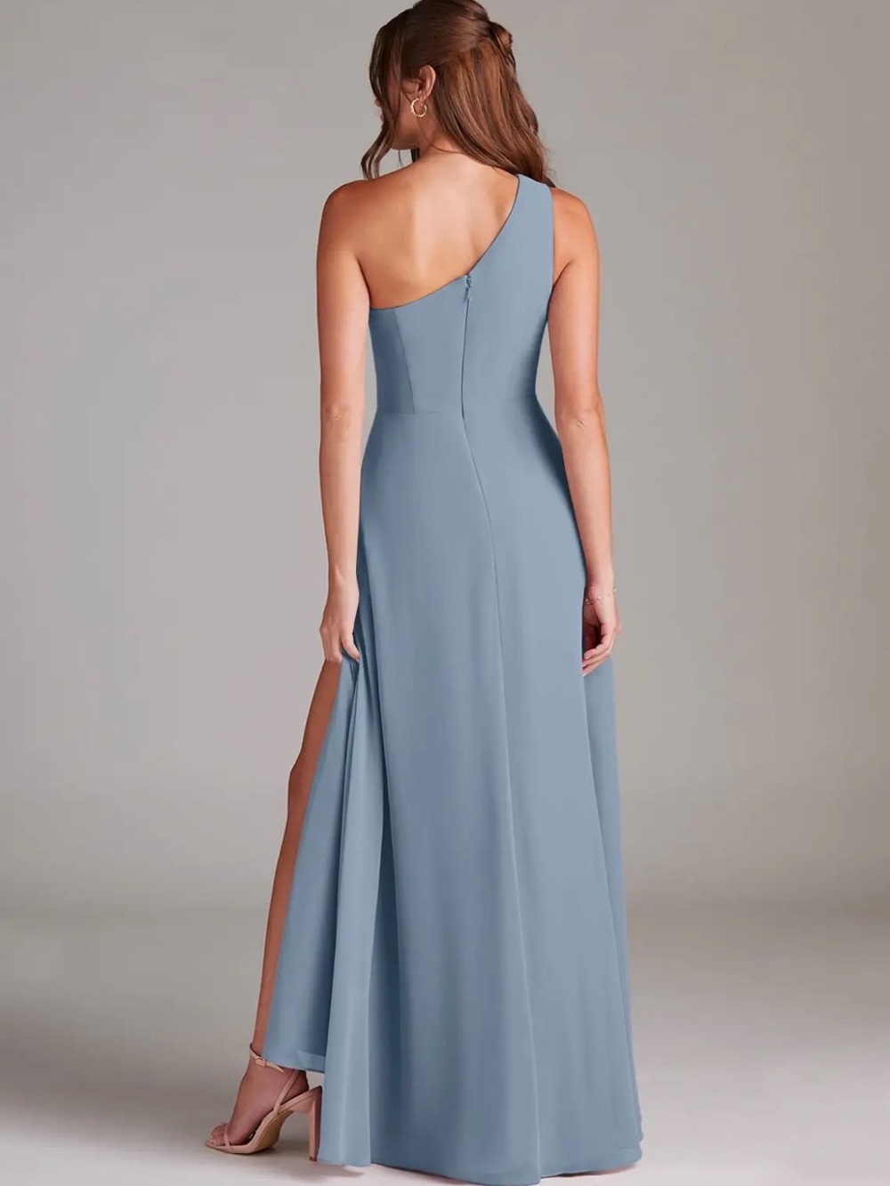 Azazie “Brooke” Dusty Blue One Shoulder Bridesmaid Dress Size A12 Chiffon Fabric - Picture 2 of 2
